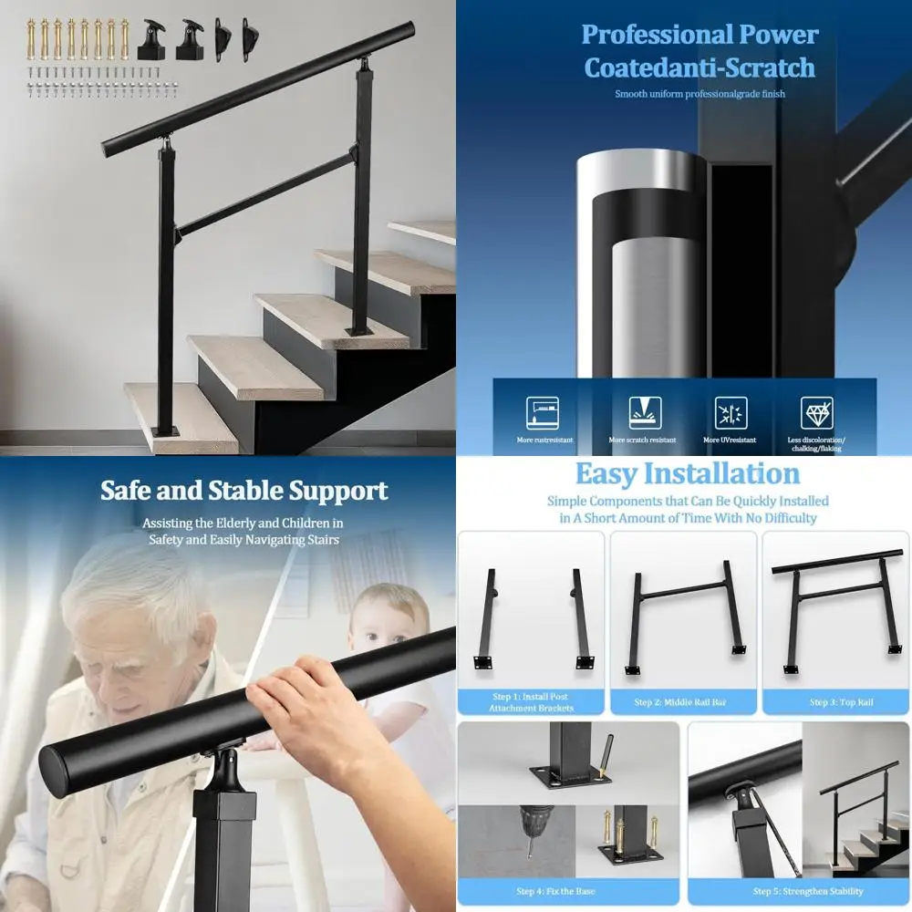 درابزين الدرج الخارجي، درابزين 3-4 خطوات، حديد معزز، خارجي أسود، قضبان أمان متينة من الحديد المطاوع للخطوات