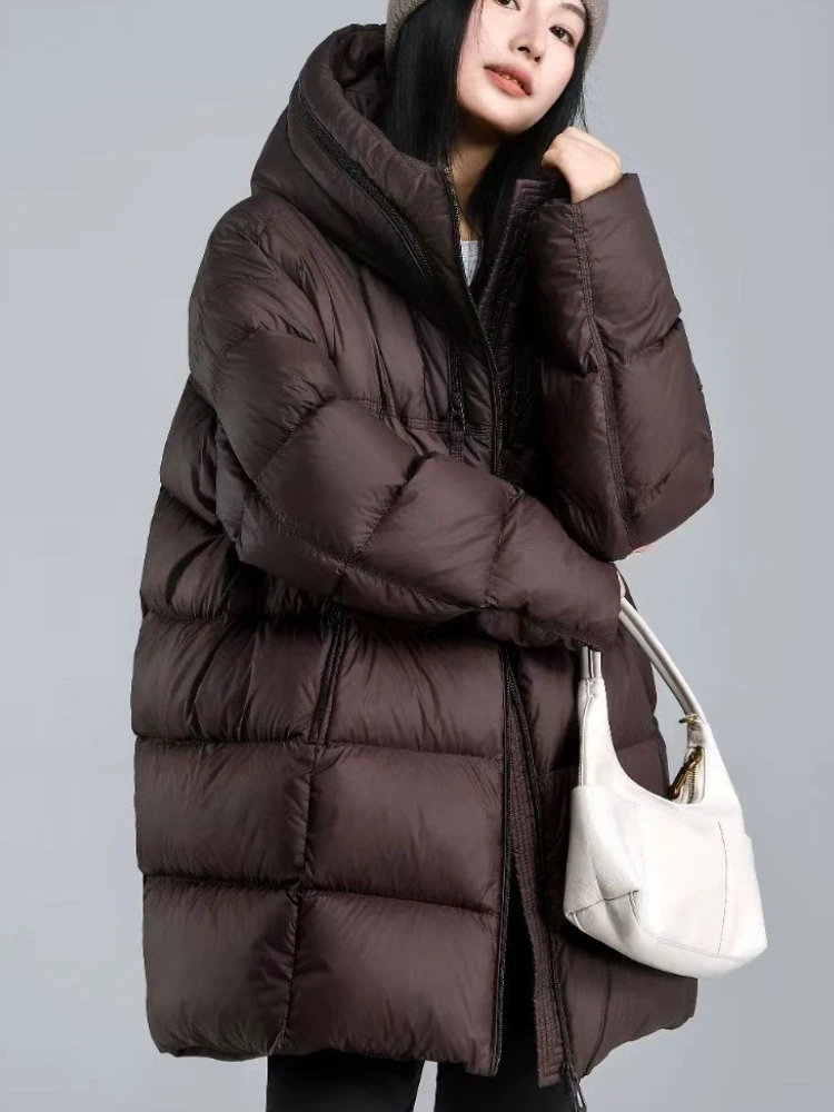 Koreańska luźna kurtka puchowa damska średniej długości, zimowa, modna, codzienna, z kapturem, gruba, ciepła parka, jednolity kolor, 90% biały puch kaczy, płaszcz puchowy.