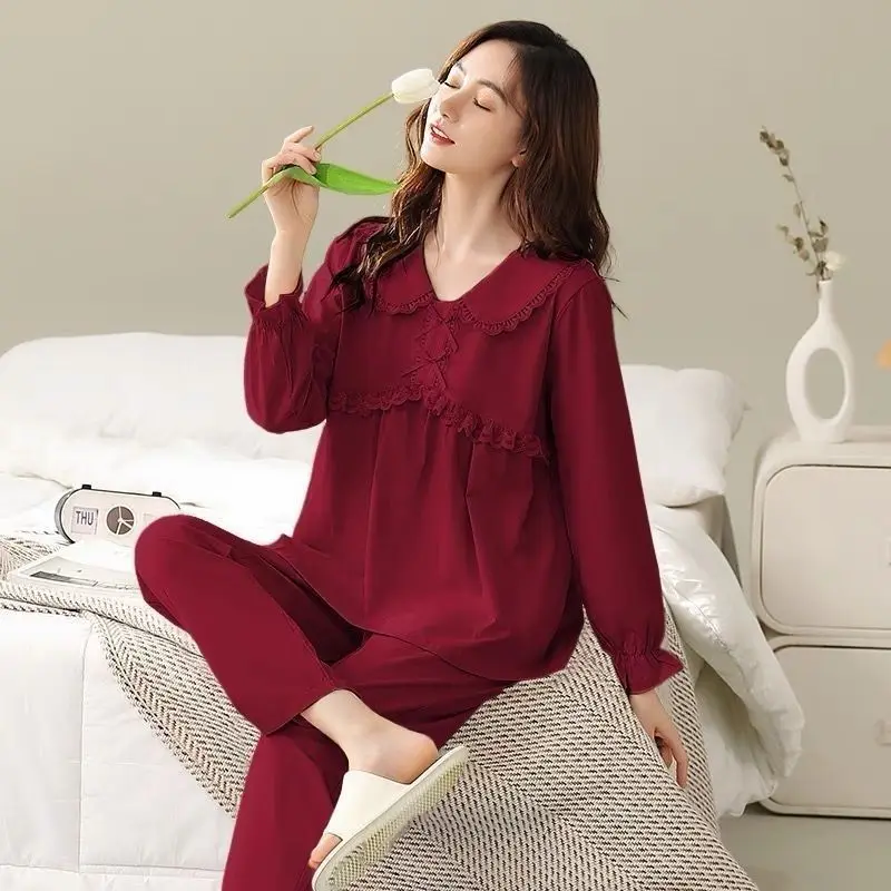 

Woman Pajamas Female Spring Autumn New Style Cotton Sweet Princess Style Doll Collar Long Sleeves Trousers Lounge Clothes Suit