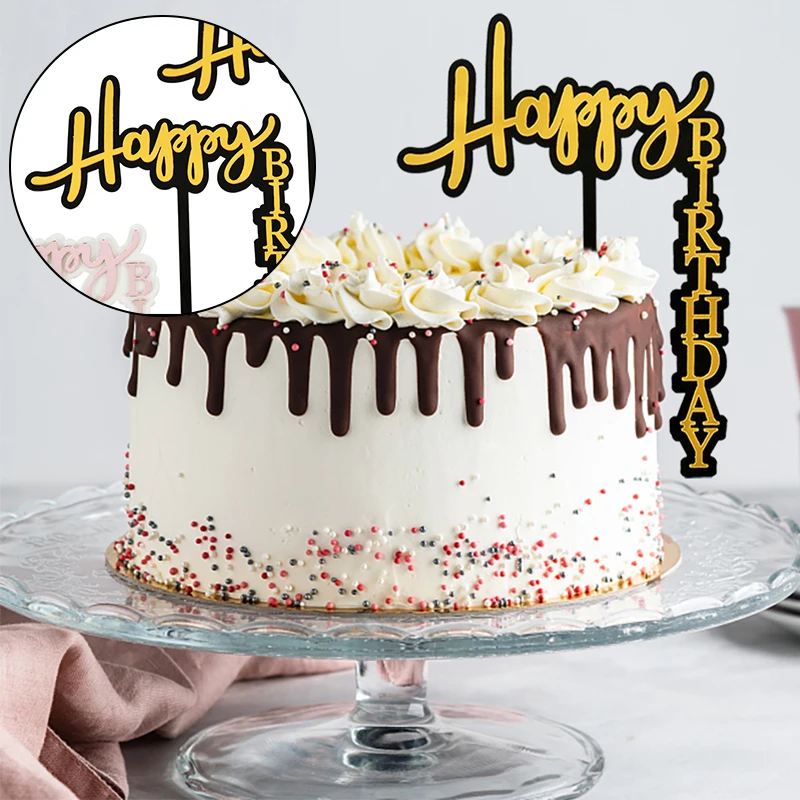 New Happy Birthday Cake Toppers Black Gold Acrylic Cupcake Toppers For Birthday Party Baking Cake Decorations Baby Shower Gifts