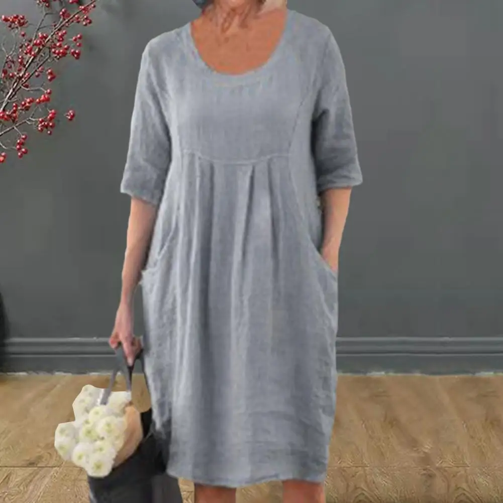 

Loose Casual A-line Dress Women Loose Dress Elegant Women's Midi Dresses O-neck Half Sleeve Casual Dress Vintage for Spring