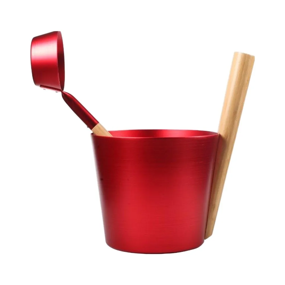 Sauna Bucket And Ladle Set 5L Aluminum Sauna Water Bucket With Long Wood Handle Ladle Sauna Accessories