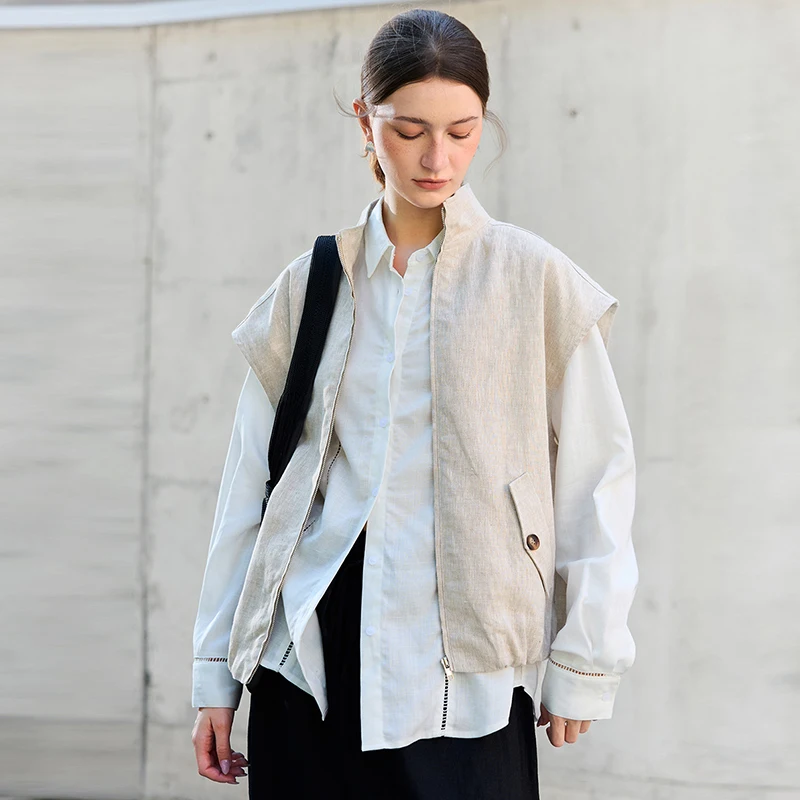 100% Linen Women's Vest Jacket Casual Loose Sleeveless Cardigan Chic Ladies Zipper Coats