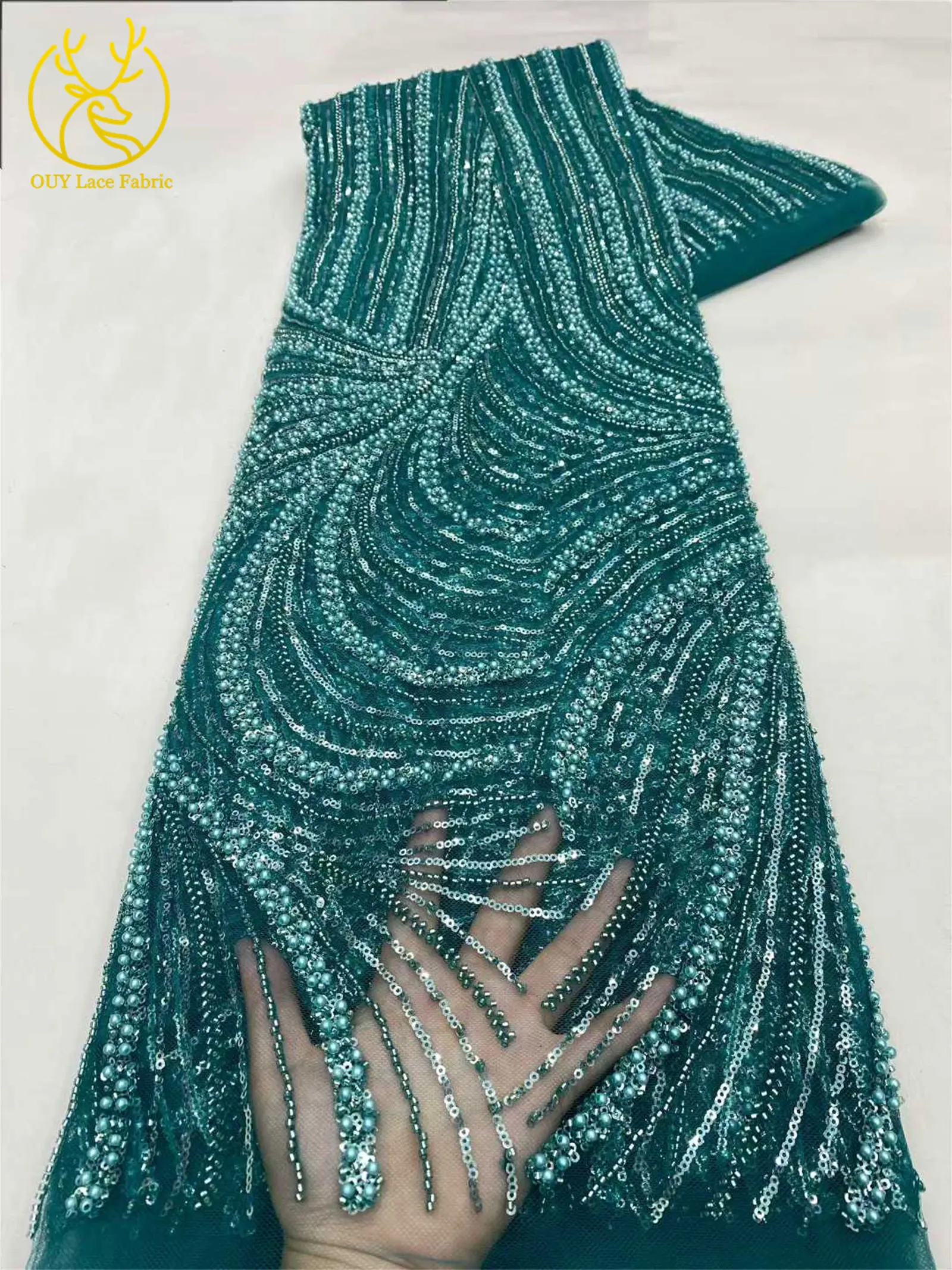 Weißer Afrikanischer Bräutigam Perlen-Spitzenstoff 2026 Eleganter Nigerianischer Französischer Pailletten-Tüllspitzenstoff für Braut- und Hochzeitskleider – Detail 16