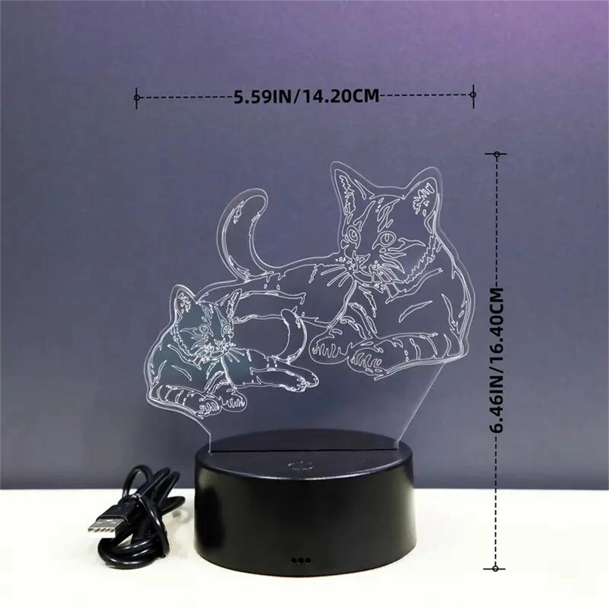 1pc Two Cats 3D Night Light, 3D Optical Illusion Lamp With Touch, 7-Color Changing Ambient Light For Bedroom