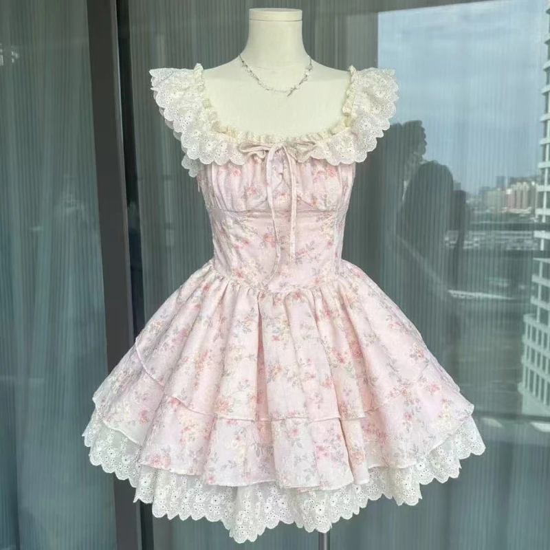 Elegantes, ärmelloses Vintage-Sommerkleid für Damen, süßes Lolita-Einteiler-Kleid, Spitze, Patchwork, Prinzessin, Rüschen, hohe Taille, 2025,