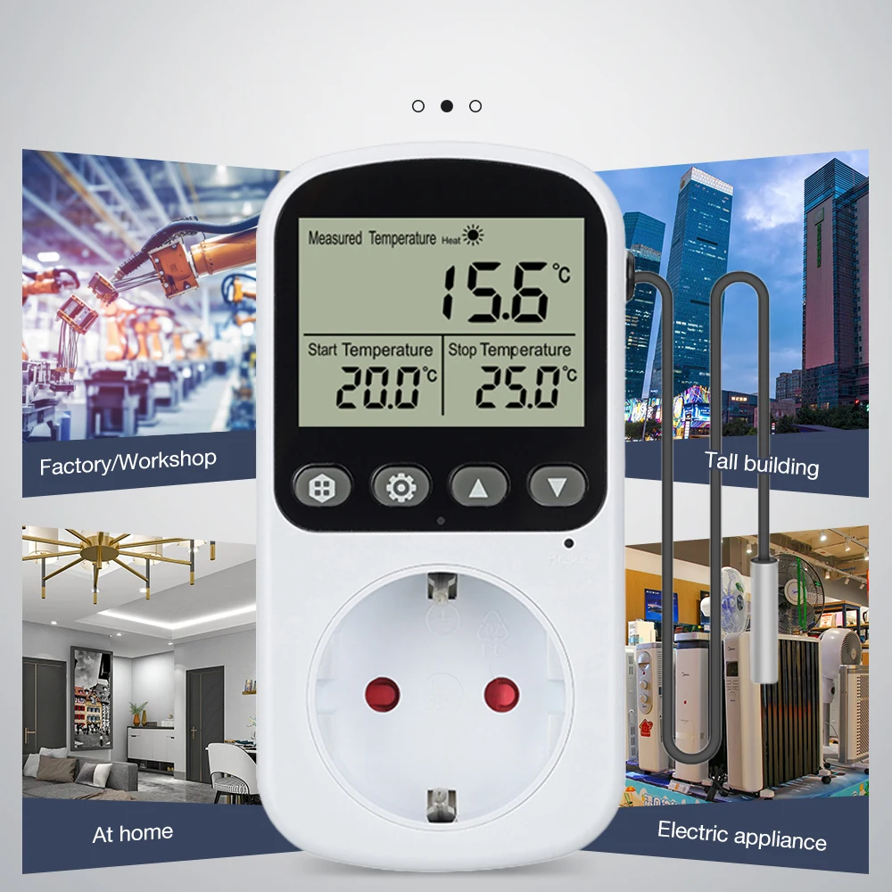 Full View LCD Screen Thermostat Socket 16A 230V Temperature Controller Switch EU Plug Heating Cooling Regulator with Sensor