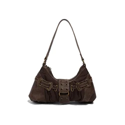 Brown Underarm Bag Hot Girls Shoulder Bag Trendy Buckle Decor Handbags Motorcycle Y2K Crossbody Bag Harajuku Stylish Punk Totes