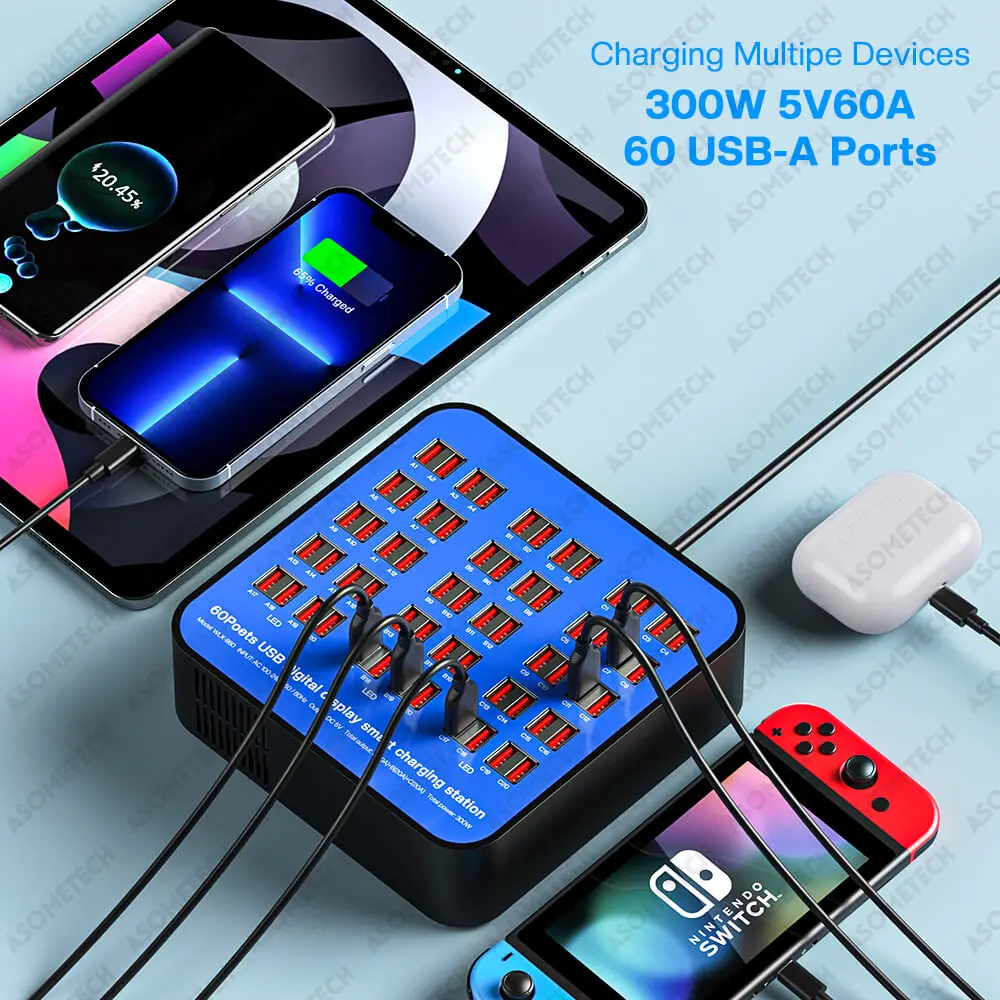 300W 60 Ports Portable USB Chargers Cargador Multi Ports USB Charger Station for Iphone 12 13 Pro Max Xiaomi Ipad Tablet Samsung