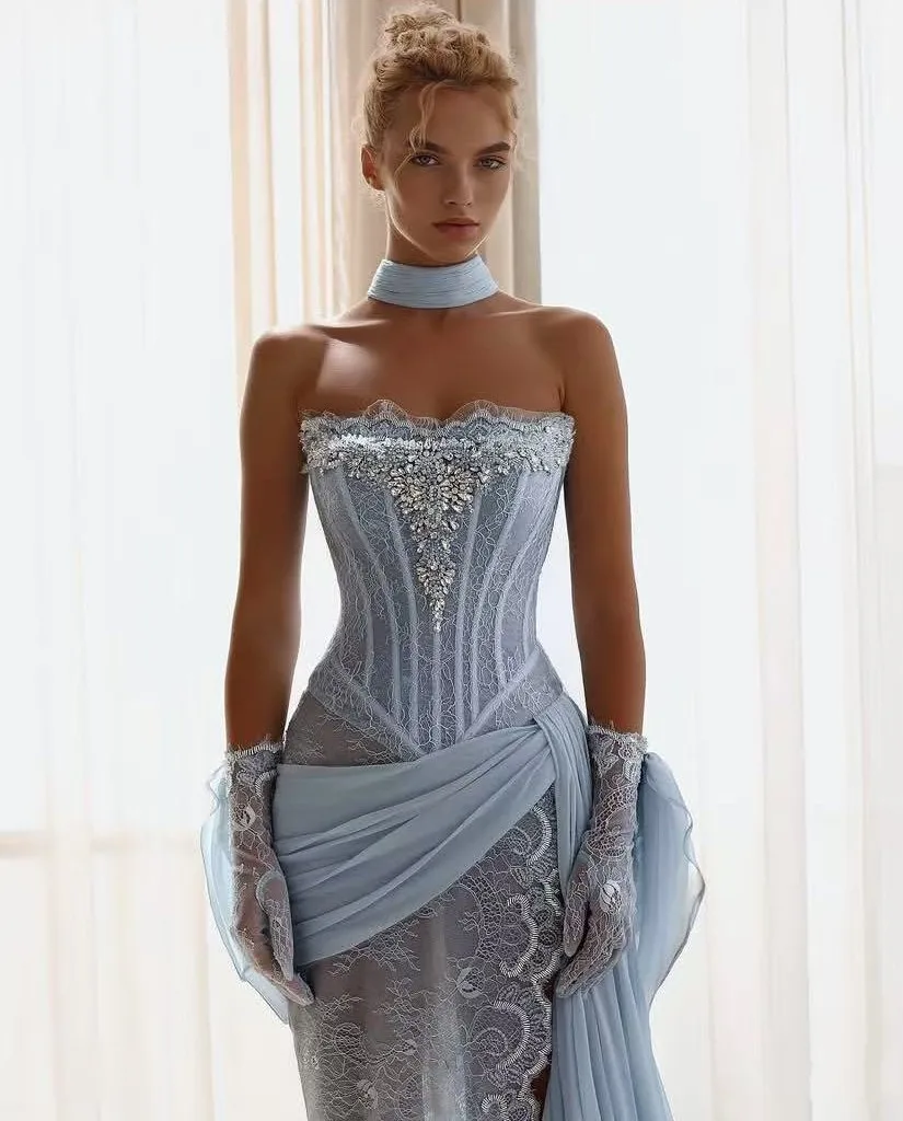 Vestido de fiesta con cuentas árabes 2025, cristales de alta costura, encaje azul cielo, vestidos de fiesta sexys con chal, guantes, vestido de fiesta, vestido de gala para eventos