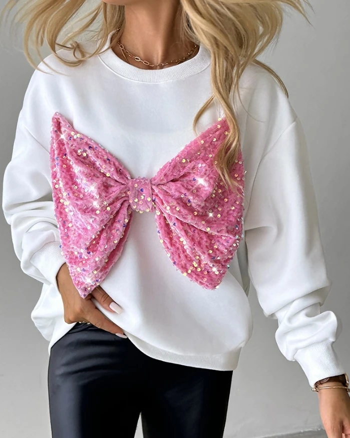 

Women's Sports Hoodie Autumn Fashion O-Neck Long Sleeved Sequined Bow Decoration Casual Daily Loose Women's Fashion Sportswear