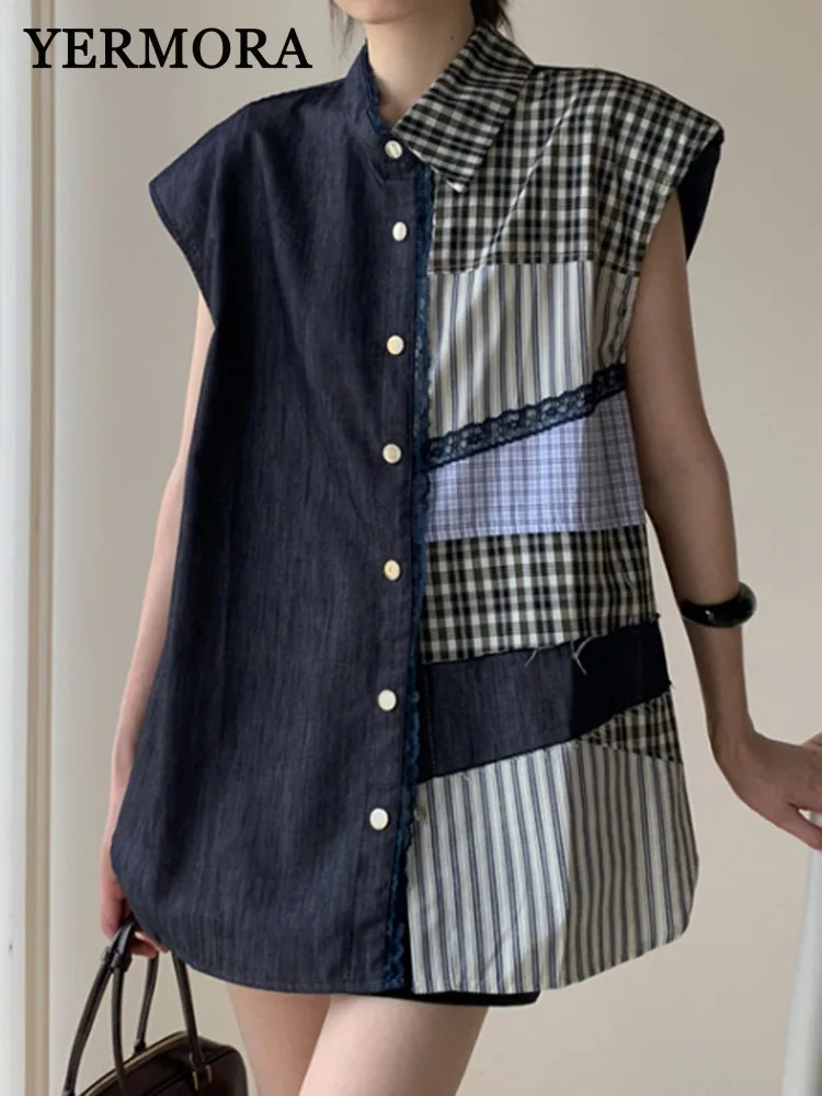 

YERMORA Black Lace Spliced Striped Casual Blouse For Women Lapel Sleeveless Loose New Shirt Fashion Tide Spring Summer 2025