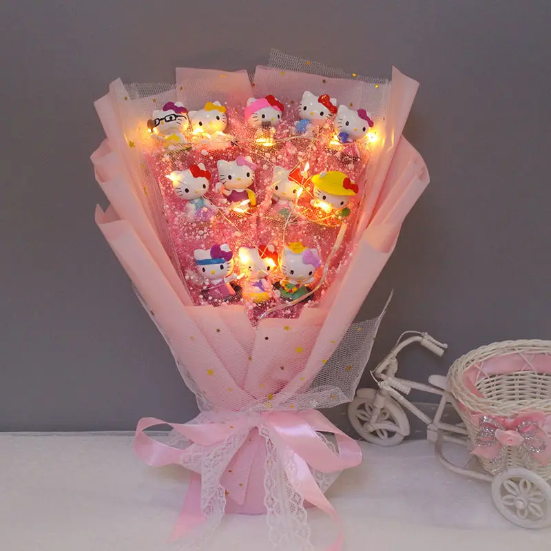 Led Light Hello Kitty Bouquet My Melody Cinnamoroll Kuromi Kawaii Plushie Toys Stuffed Flower Bunch For Girl Valentines Day Gift