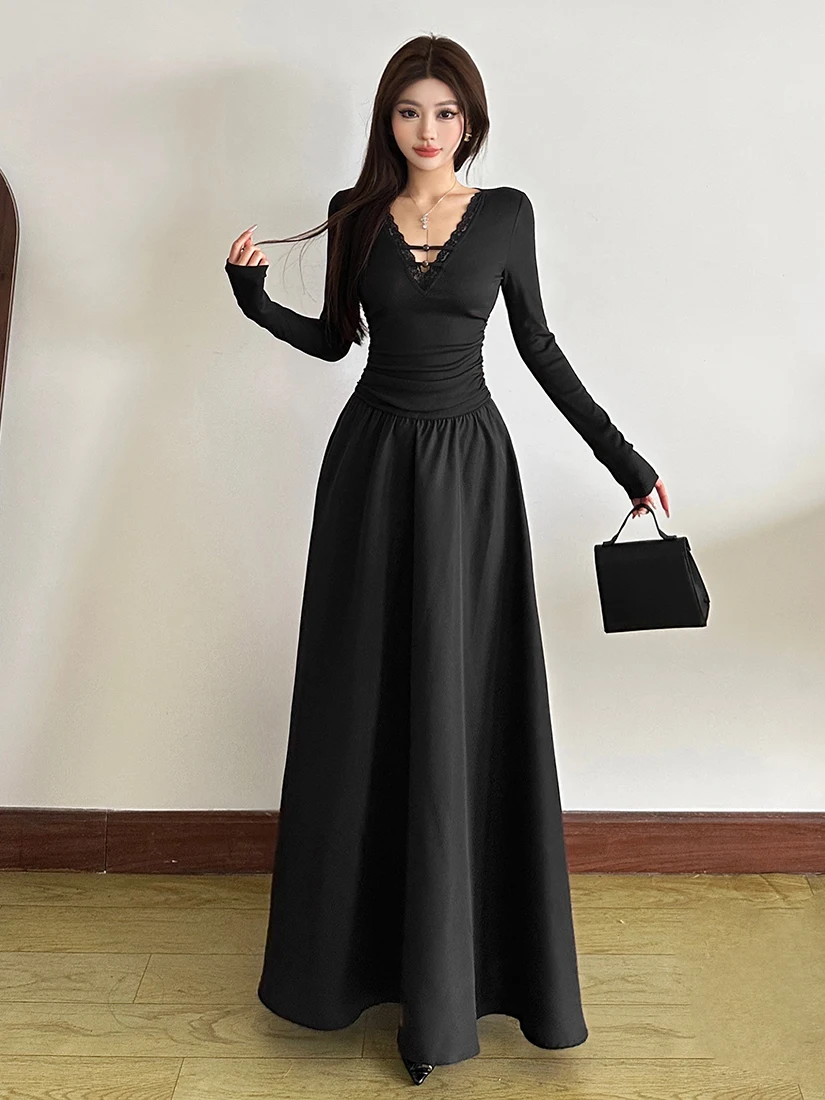 WEIRD PUSS artístico sle longo sve renda guarnição v-ne dr vestido feminino de emagrecimento com cintura mistura de poliéster e elastano