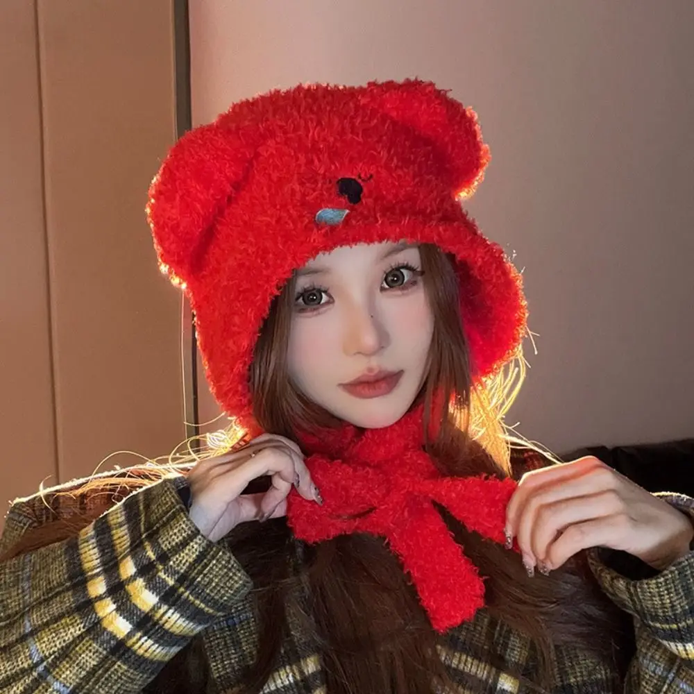 High Quality Winter Knit Hat Small Bear Outdoor Warm Bonnets Tie Rope Solid Color Earmuffs Cap for Women