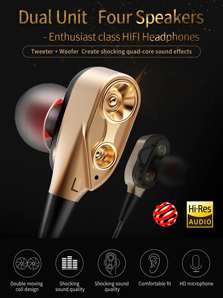 Nouvelles mises à niveau Hifi Fever Casque à double bobine mobile 3,5 mm AUX avec micro Casque dynamique intra-auriculaire Musique Gaming Écouteurs de sport Basse Surround Son choquant