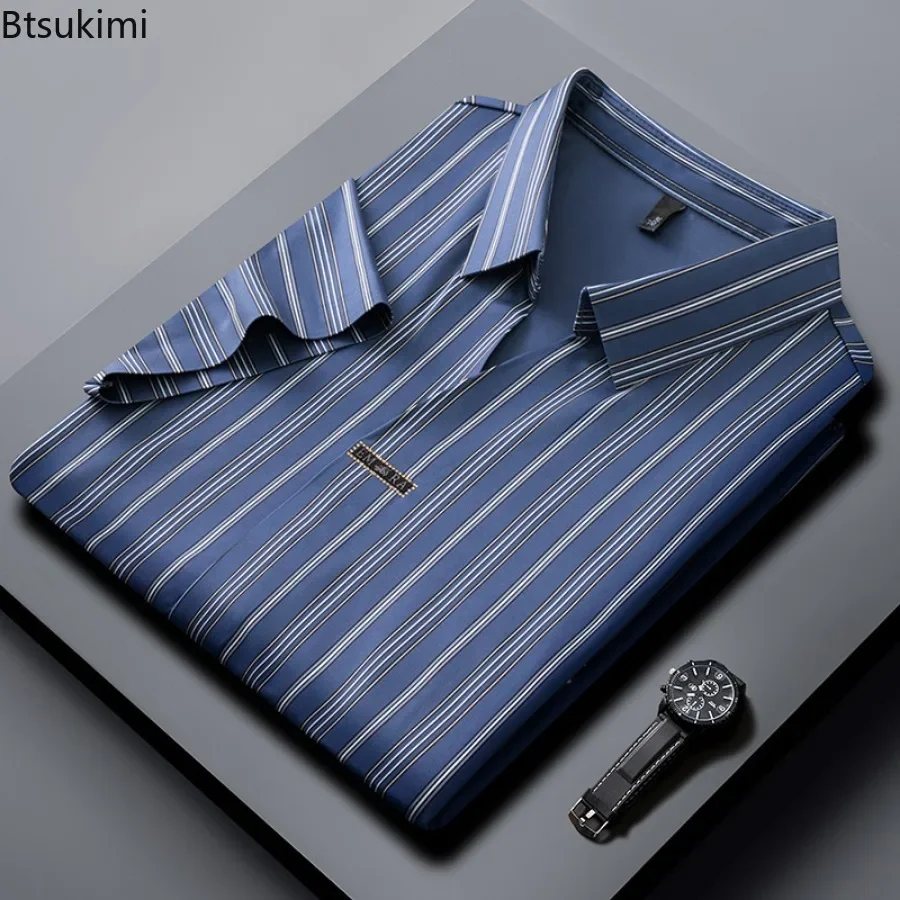 2025 New Men's Short-sleeved Business Casual Striped Shirts Fashion Breathable Lapel Pullover Tops Anti-wrinkle Polo Shirts Male