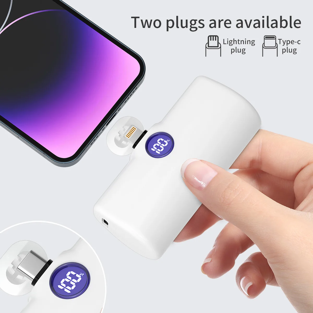 Мини-портативное зарядное устройство Power Bank Портативный ЖК-дисплей с быстрой зарядкой емкостью 5000 мАч и аккумулятором Type-C/Lightning Plug