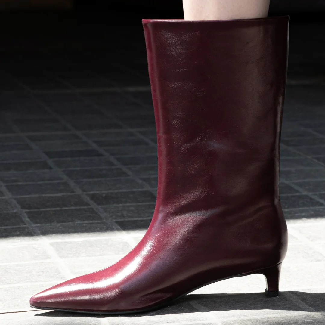 

Women's genuine leather pointed toe slip-on autumn mid-calf boots elegant ladies 3.5cm thin high heel slim dress half boots shoe