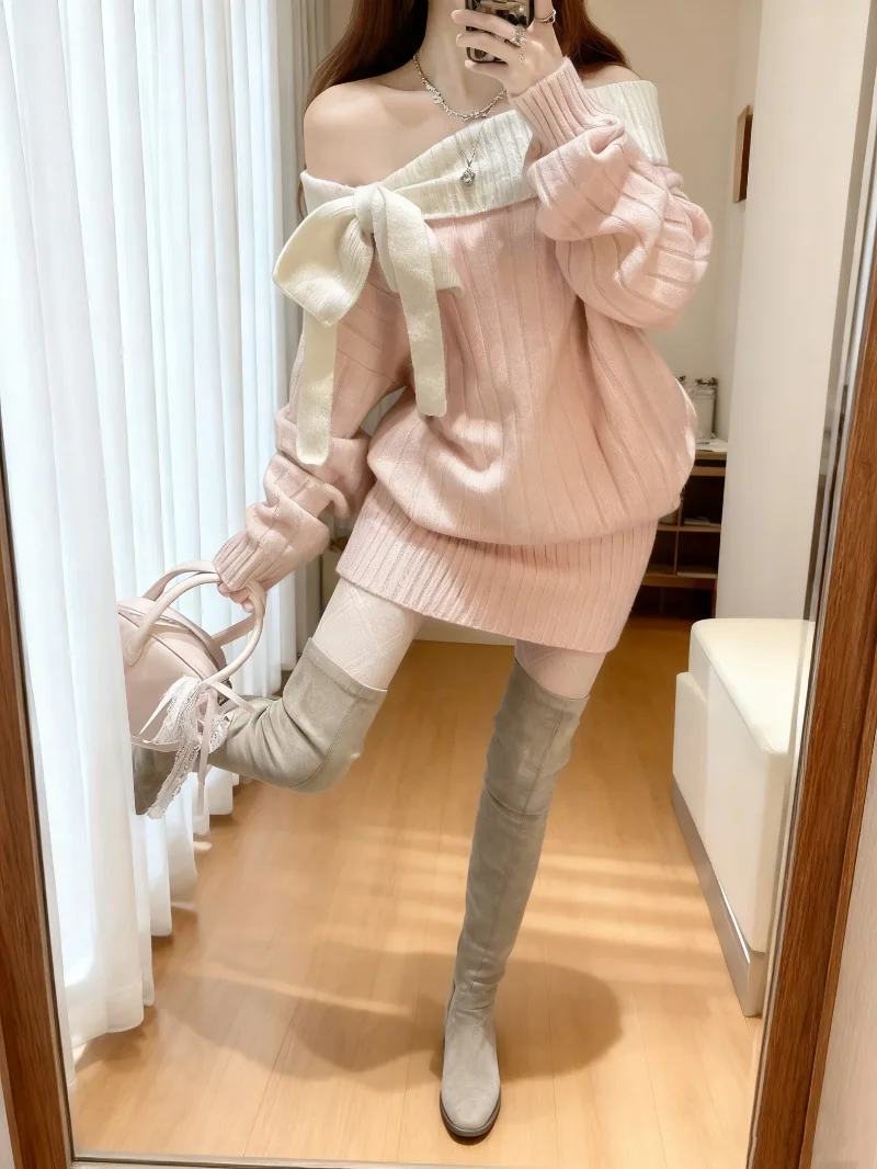 

French Sle Knot oulder Bared Knitted Dr Women's Slim Fit Wrap around Waistline Slimming Skirt for Autumn Winter