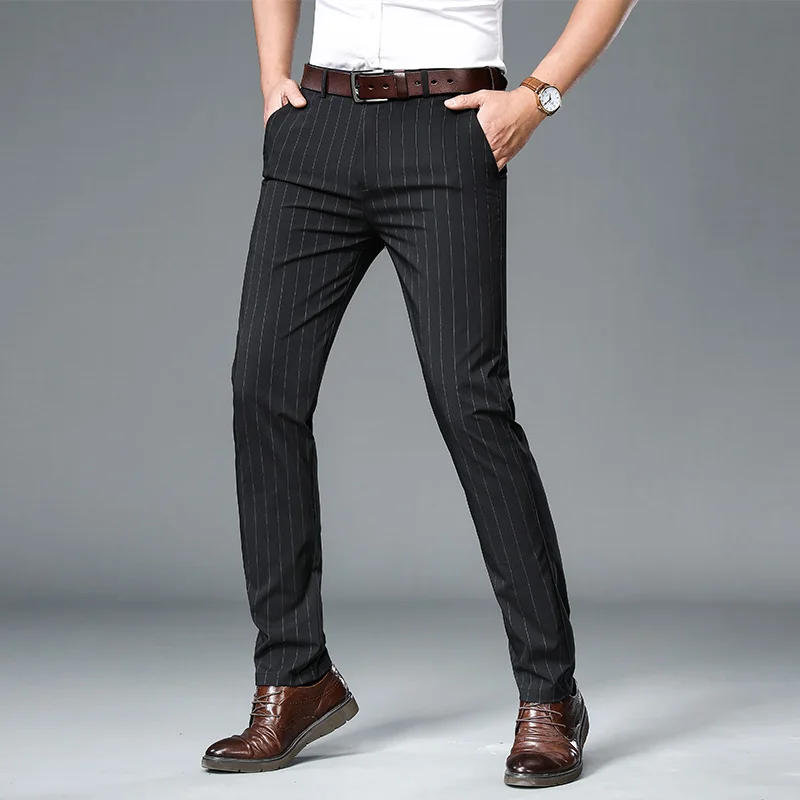 Fashion Striped Pants Men\'s Ultra-thin Summer New Business Casual Suit Pants Formal Work Straight Trousers Male Black Grey