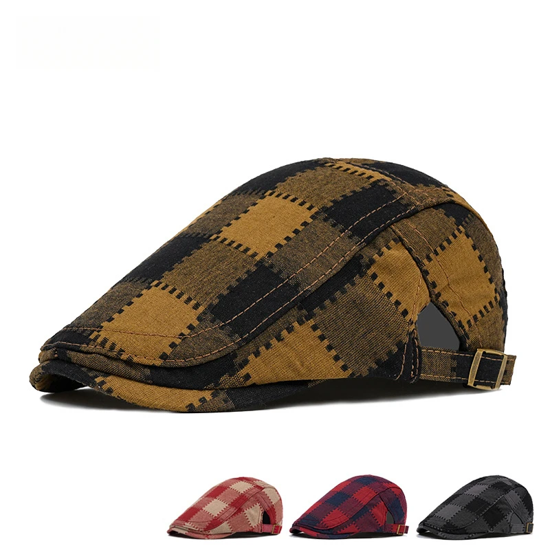 Unisex Polyester Beret Cap with Patchwork Design and Checkered Pattern Adjustable Head Circumference All Seasons Plaid Newsboy