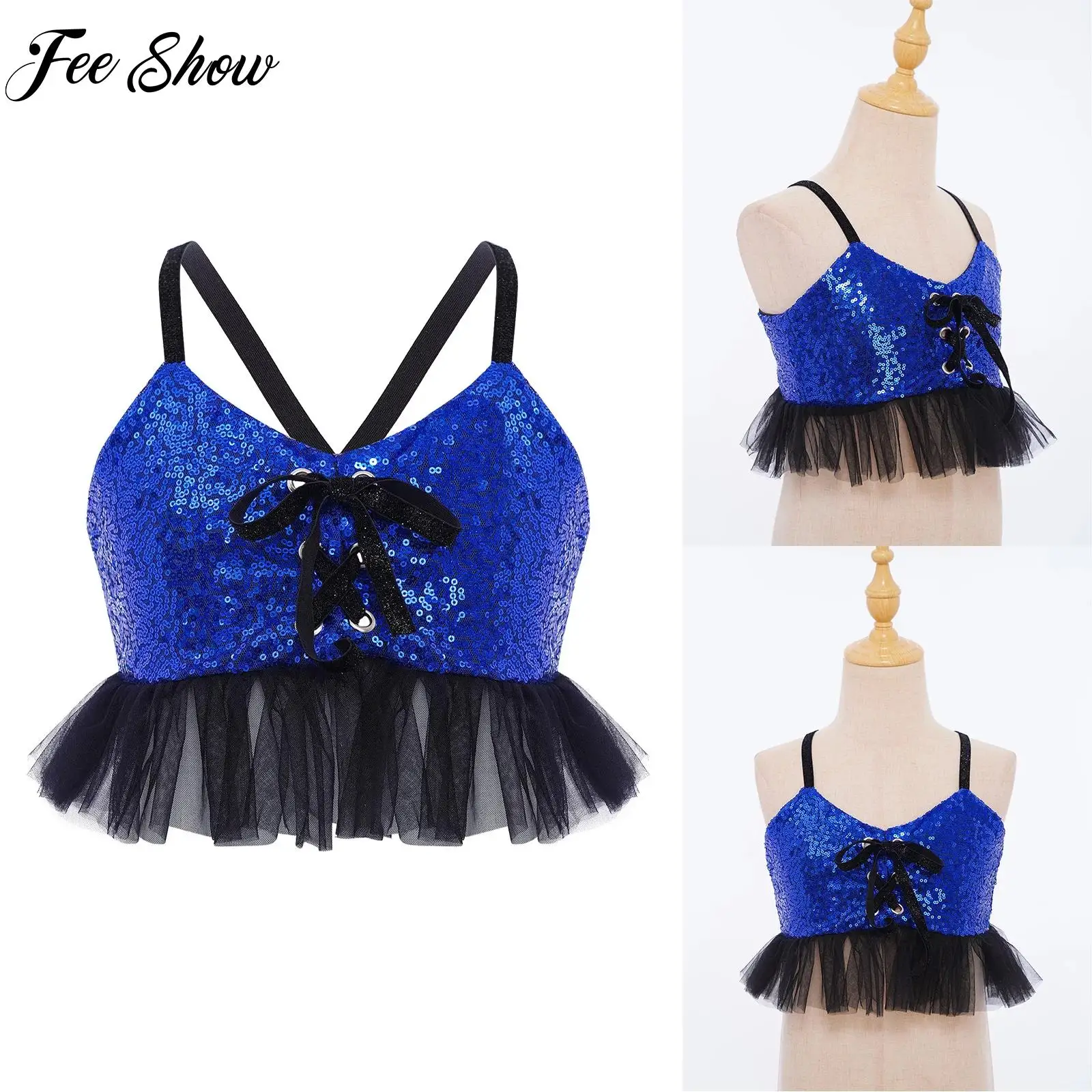 

Kid Girl Jazz Hip Hop Dance Top Tulle Ruffles Sequins Camisole Spaghetti Straps Crop Top Disco Party Stage Performance Dancewear