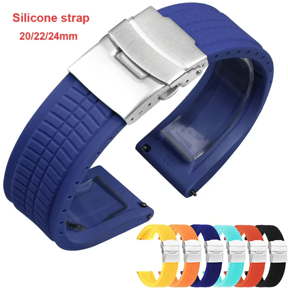 Silicone Watchband 20mm 22mm 24mm Waterproof Bracelet Double Press Folding Buckle Rubber Watch Strap Men Watches Accessories