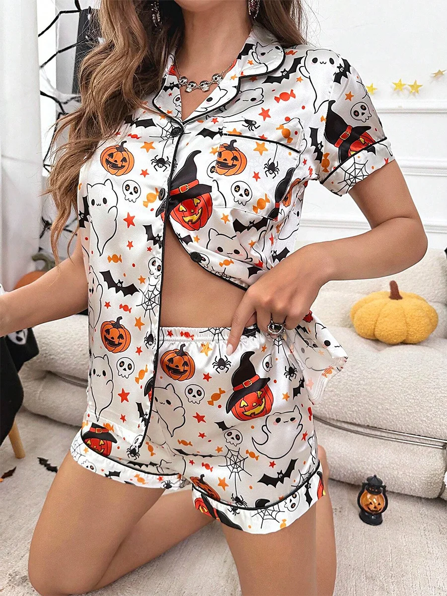 Halloween Two Piece Pajama Set Women Ghost Pumpkin Graphic Short Pajamas Set Short Sleeve Button Top Comfy Shorts Sleepwear