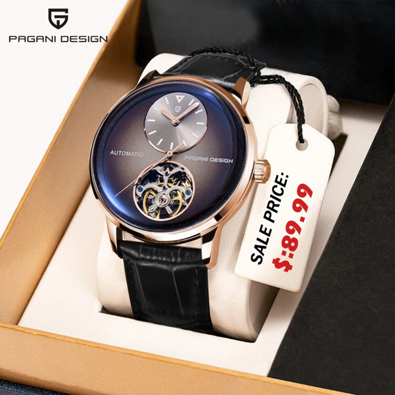 

Мужские часы PAGANI DESIGN, кожаный ремешок, механические, автоматические, водонепроницаемые, с сапфировым стеклом, светящиеся, с турбийоном, подарок, мужские часы + коробка