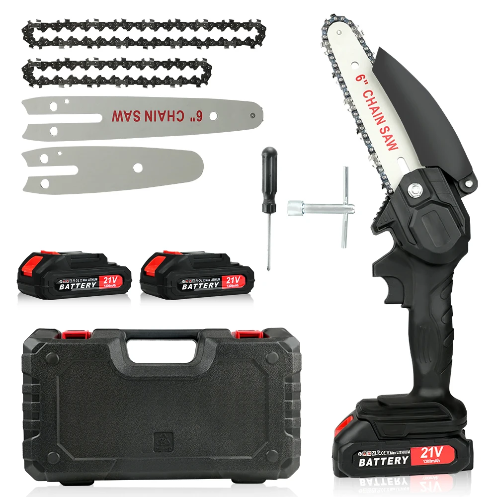 

6-inch mini electric chainsaw for home use is equipped with two lithium batteries and a 4.6-inch guide chain.
