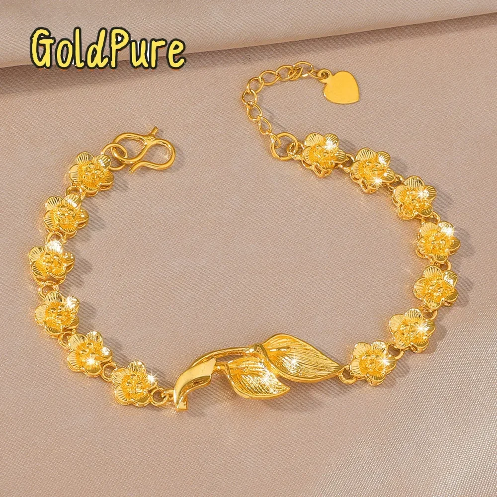 Pulsera de Oro Real 9999 24K con Flor de Rosa para Mujer, Pulsera Corona del Amor, Pulsera Boss, Regalo de Lujo para Mujeres, Niñas y Madres