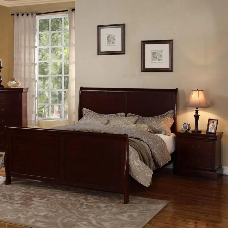 Modern Queen Size Bed Sleigh Design Headboard Footboard Plywood Bedframe Dark Cherry Color Louis Philippe Style Bedroom