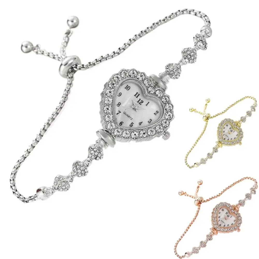Stainless Steel Quartz Watches Diamond Studded Watch Strap with Adjustable Bracelet Heart Shaped Watch Rhinestone