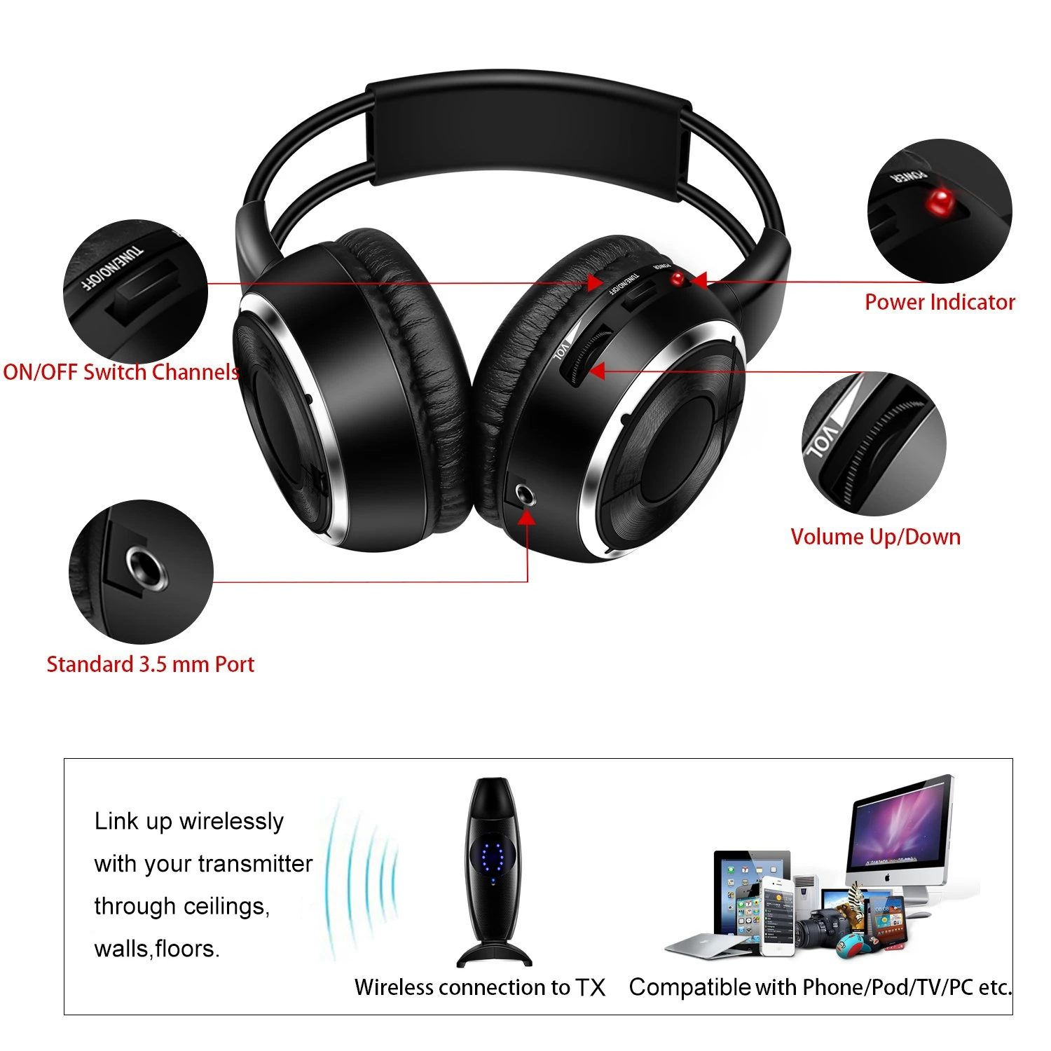 หูฟังไร้สายแบบพับได้สีดํา Silent Disco Complete System - ชุดปาร์ตี้ Clubbing ที่เงียบสงบ (หูฟัง 50 ตัว + เครื่องส่งสัญญาณ 3 ตัว)