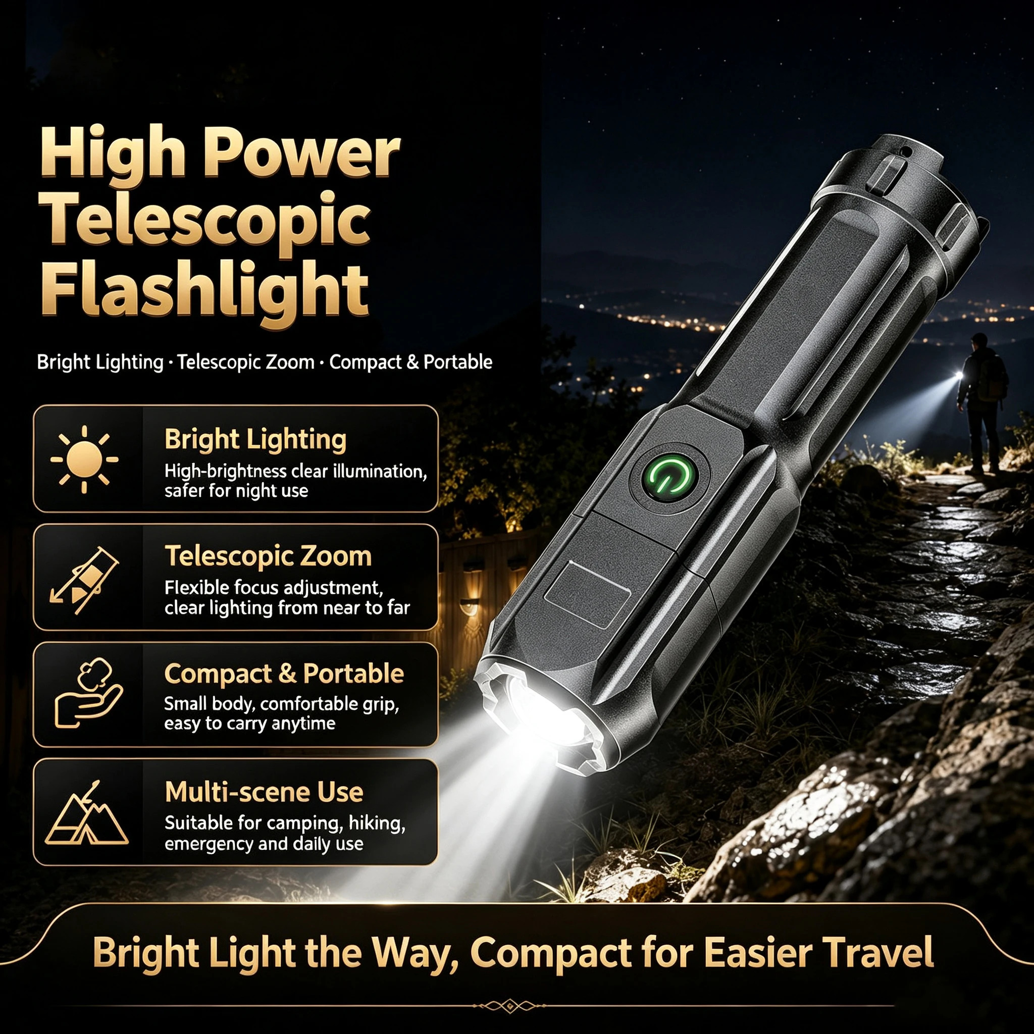 ``` Super Bright Tactical LED Flashlight USB Rechargeable Zoom Torch High Lumen Long Distance for Camping Hiking Emergency Survi