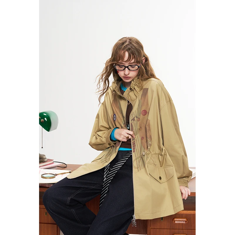 ELFSACK Women's A-Line Trench Coat with Fake Layered Graphic Print, Drawstring Waist Outerwear for Casual Daily Wear