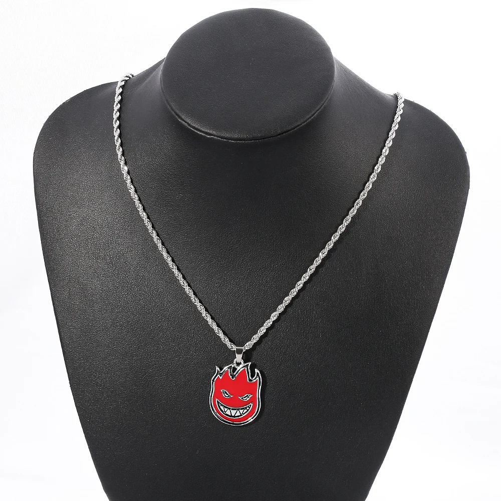 Hip-hop Magic Flame Face Pendant Punk Red Metal For Man Collar Necklace Punk Rock Charm Bar Nightclub Jewelry Accessories