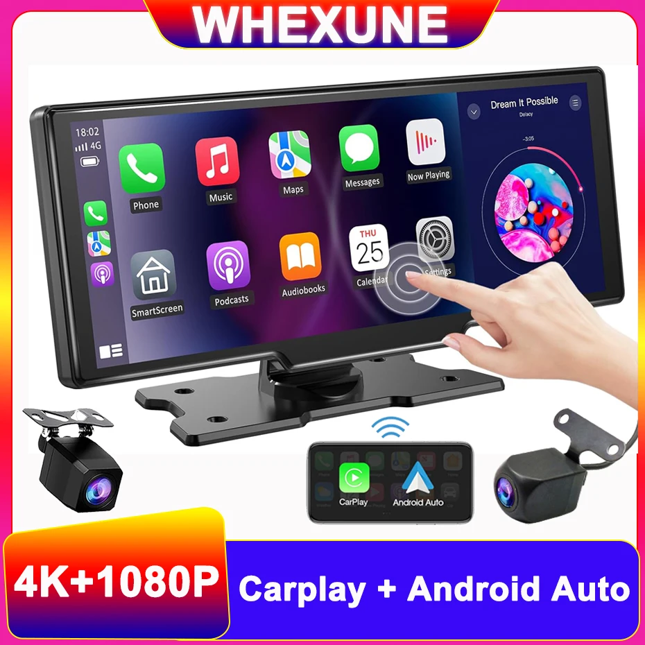 

4K 10.26" Dash Cam Rearview Camera Wifi Carplay & Android Auto DVR GPS Navigation Video Recorder AUX Dashboard Dual Len 24H Park