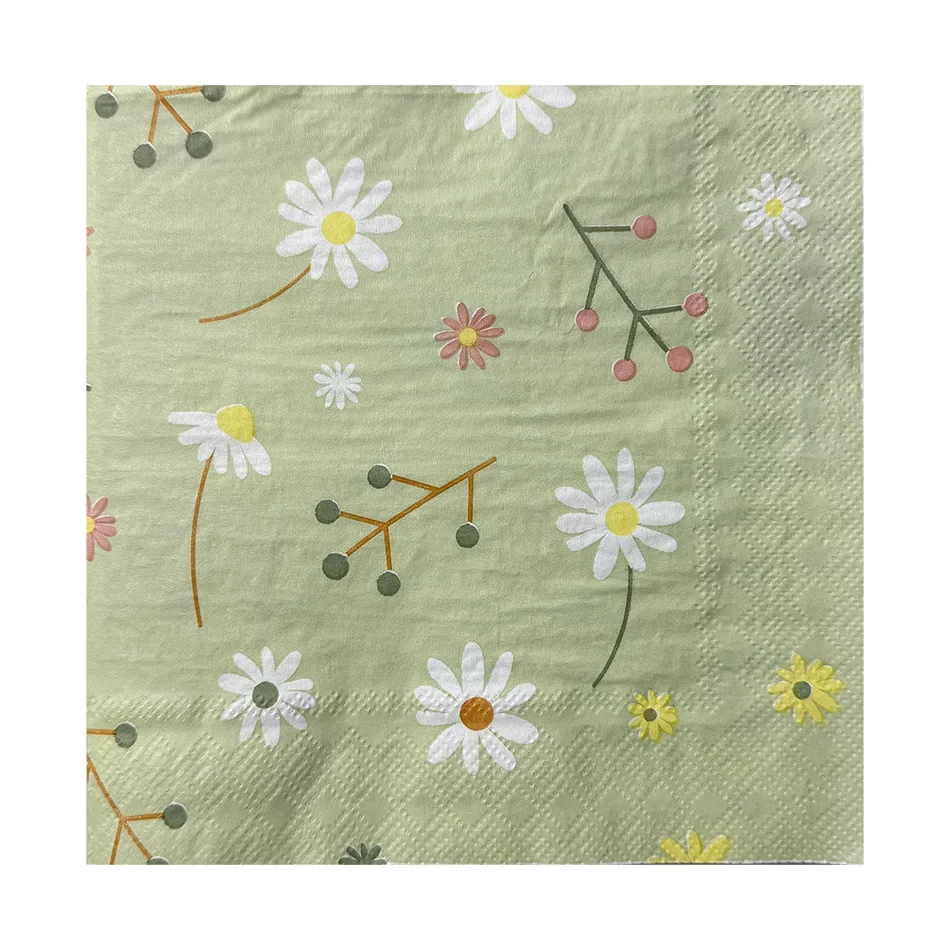 البابونج المطبوعة منديل الأنسجة الخضراء حفلة عيد ميلاد لوازم أدوات المائدة منصات منديل ورقي للاستعمال مرة واحدة نمط زهرة طازجة صغيرة #3