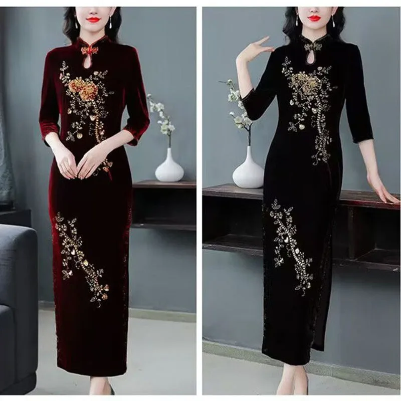 Noble Temperament Embroidered Flowers Golden Velvet Spring Aautumn Retro Cheongsam Banquet Women Slim Split Knee-Length Dress