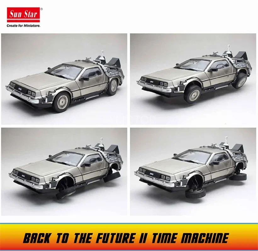 Sunstar 1/18 For DeLorean DMC-12 Diecast Model Car Back to future II car Time Machine Fold wheel Hobby Gifts Collection Display