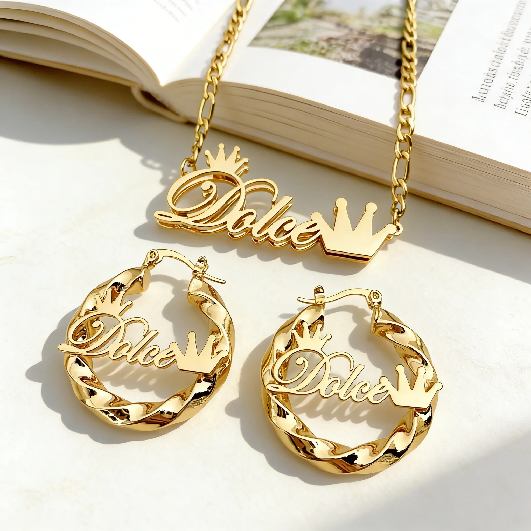 DUOYING Custom Name Jewelry Set Cuba Chain Stainless Steel Necklace Crown Earrings 18K Personalization Plated Women Gift view 2