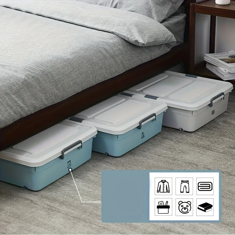 

4pcs Large Heavy Duty Plastic Under Bed Storage Boxes with Locking Latches & Wheels Heavy-Filled Stackable Organizers, Gray/Blue