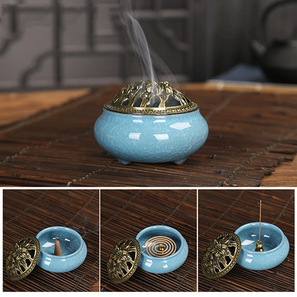 Ceramic Incense Burner Copper Cover Buddhist Antique Incense Coil Sandalwood Ice Crack Incense Holder