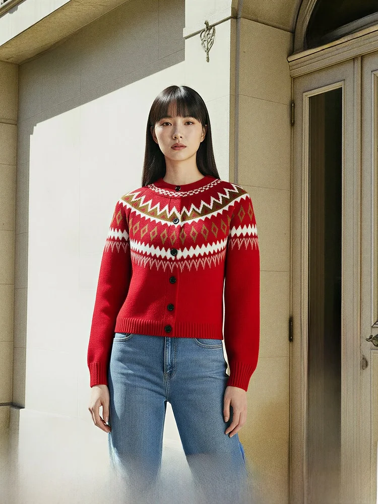 

Fashionable Red Wool Blend Knitted Cardigan by H&M Spring Summer New Arrival Loose Fit Button Detail Casual Versatile Wear
