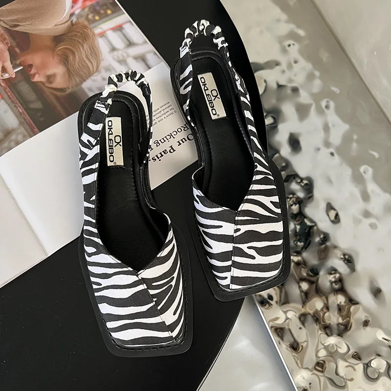 Ladies Sandals Square Toe Summer Elegant Fashion Ladies Elastic Band Flat Heel Women Shallow Party Shoes Square Heel Sandal