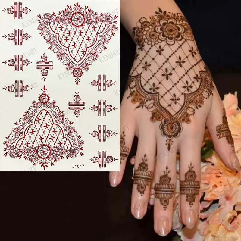 Pegatinas de diseño de Henna marrón, tatuaje de Henna Mehndi para mano, Tatuajes Temporales para mujer, encaje impermeable, tatuaje falso de Henna marroquí