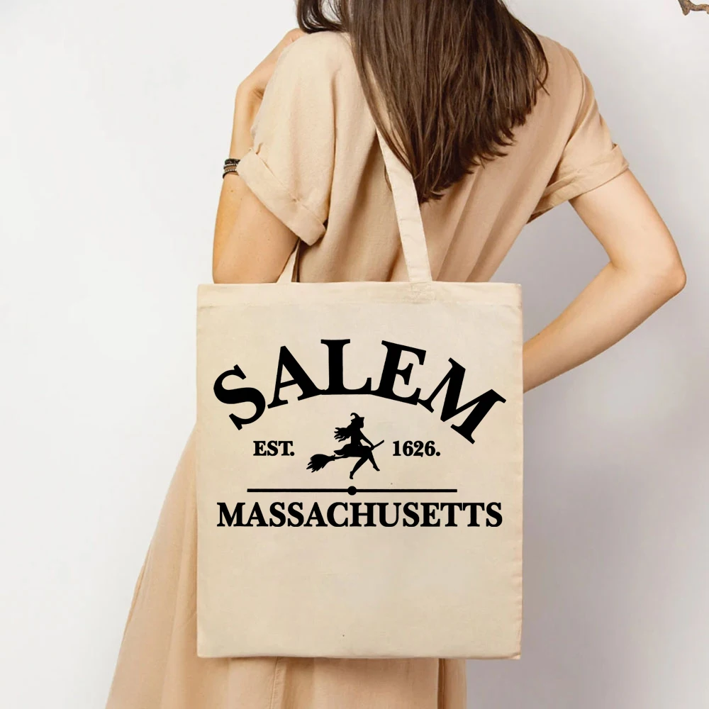 Salem Massachusetts Tote Bags Crewneck Halloween  Bags on Natural Color Gildan Hocus Pocus Women's Handbags Comfort Colours Bags