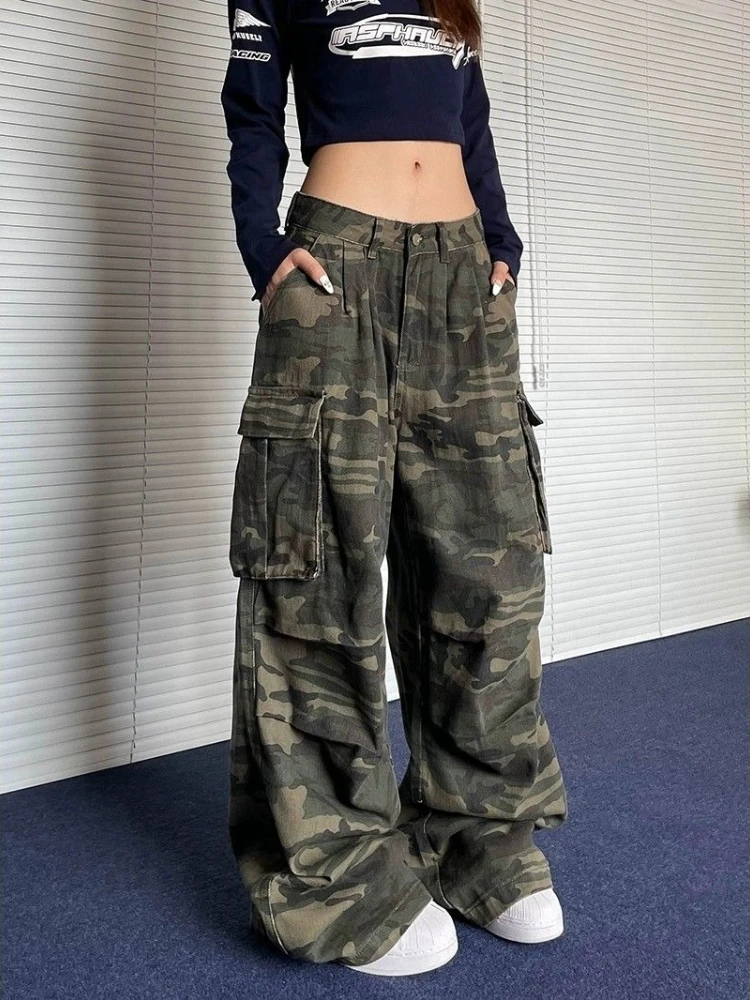 

Deeptown American Vintage Camouflage Women Cargo Jeans Y2k Wide Leg High Waist Straight Denim Trousers Baggy Hip Hop Streetwear